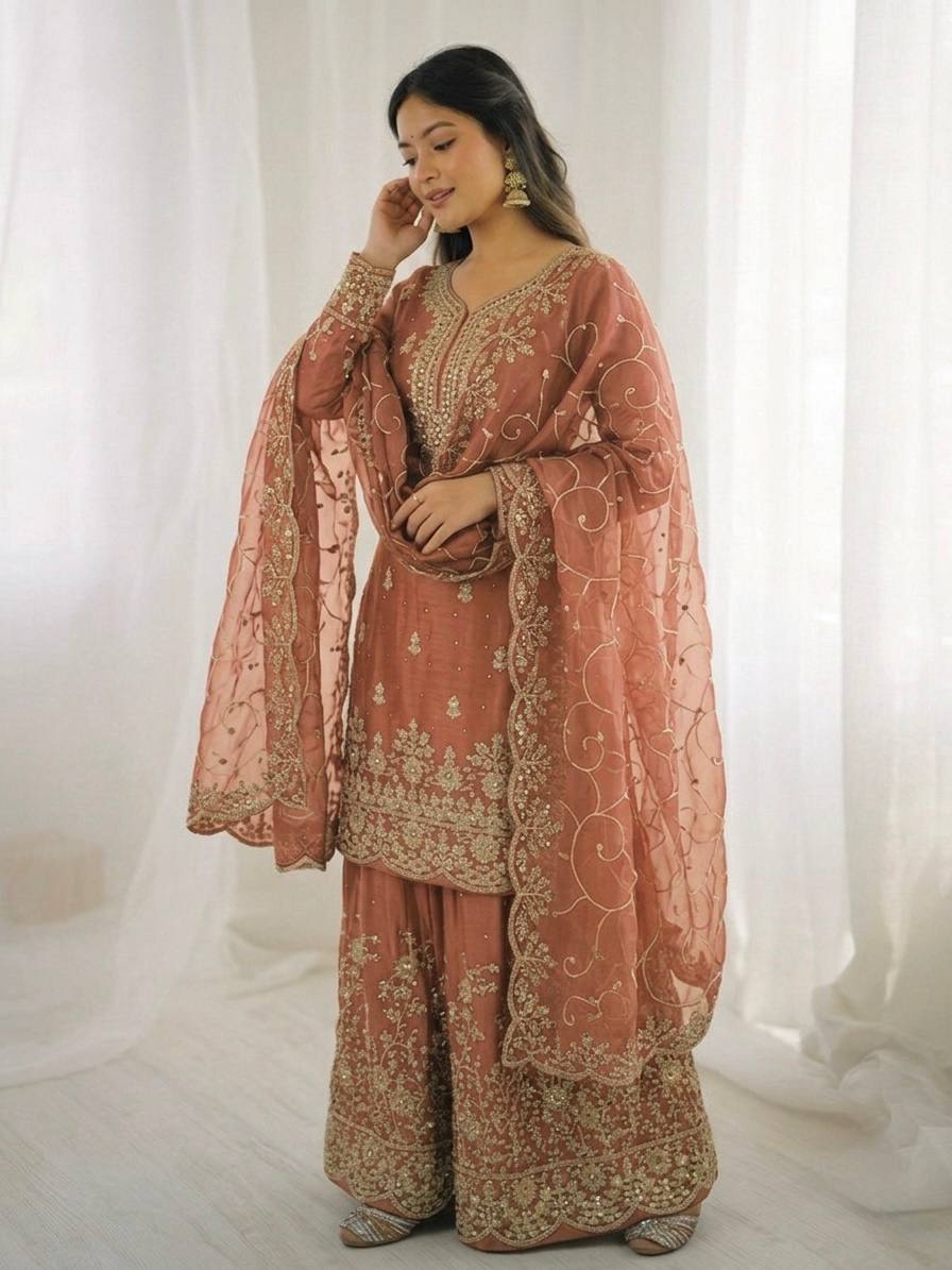 Arti Chauhan Wear Peach Color Embroidery Sequence Work Palazzo Suit