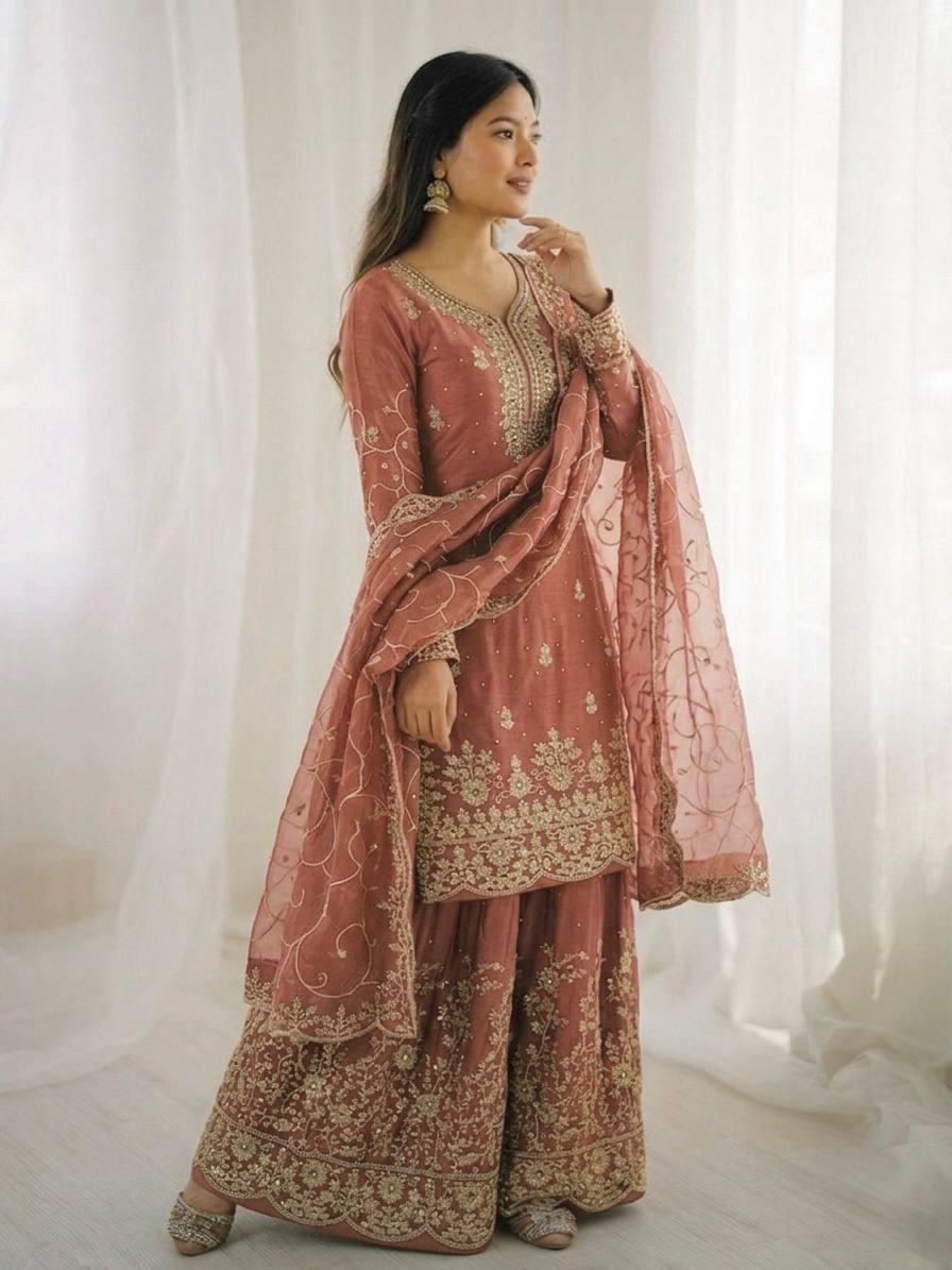 Arti Chauhan Wear Peach Color Embroidery Sequence Work Palazzo Suit