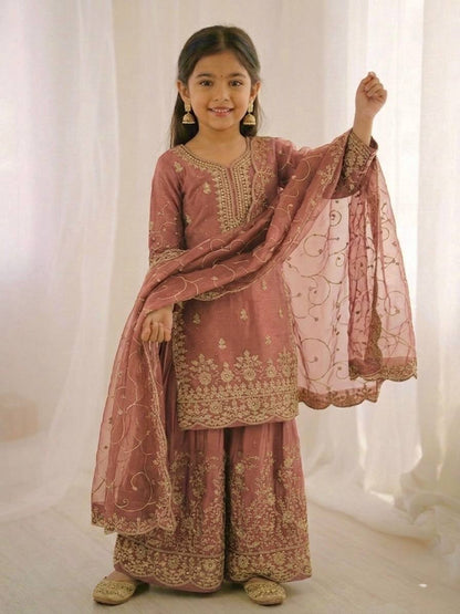 Wedding Wear Silk Embroidery Sequence Work Kids Palazzo Suit
