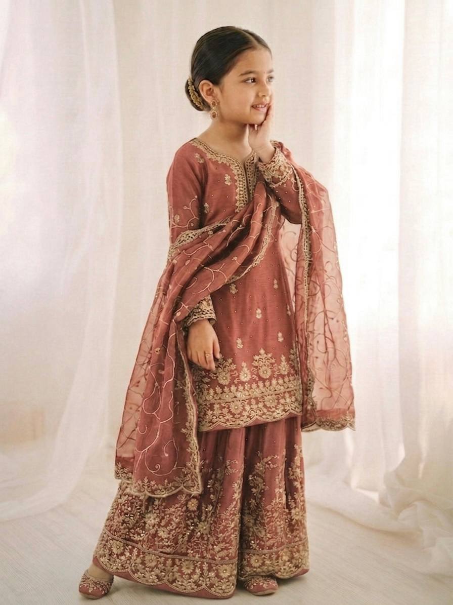 Wedding Wear Silk Embroidery Sequence Work Kids Palazzo Suit