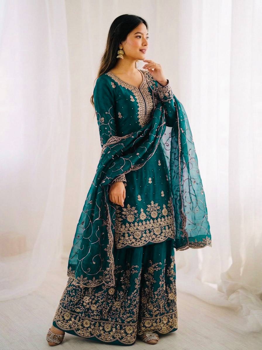 Arti Chauhan Wear Teal Green Color Embroidery Sequence Work Palazzo Suit