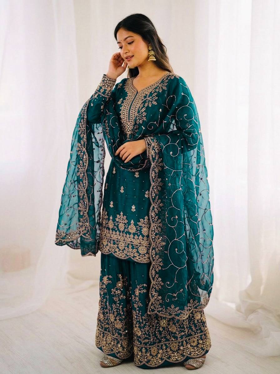 Arti Chauhan Wear Teal Green Color Embroidery Sequence Work Palazzo Suit