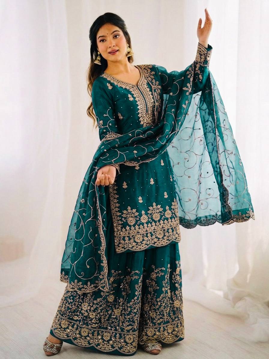 Arti Chauhan Wear Teal Green Color Embroidery Sequence Work Palazzo Suit