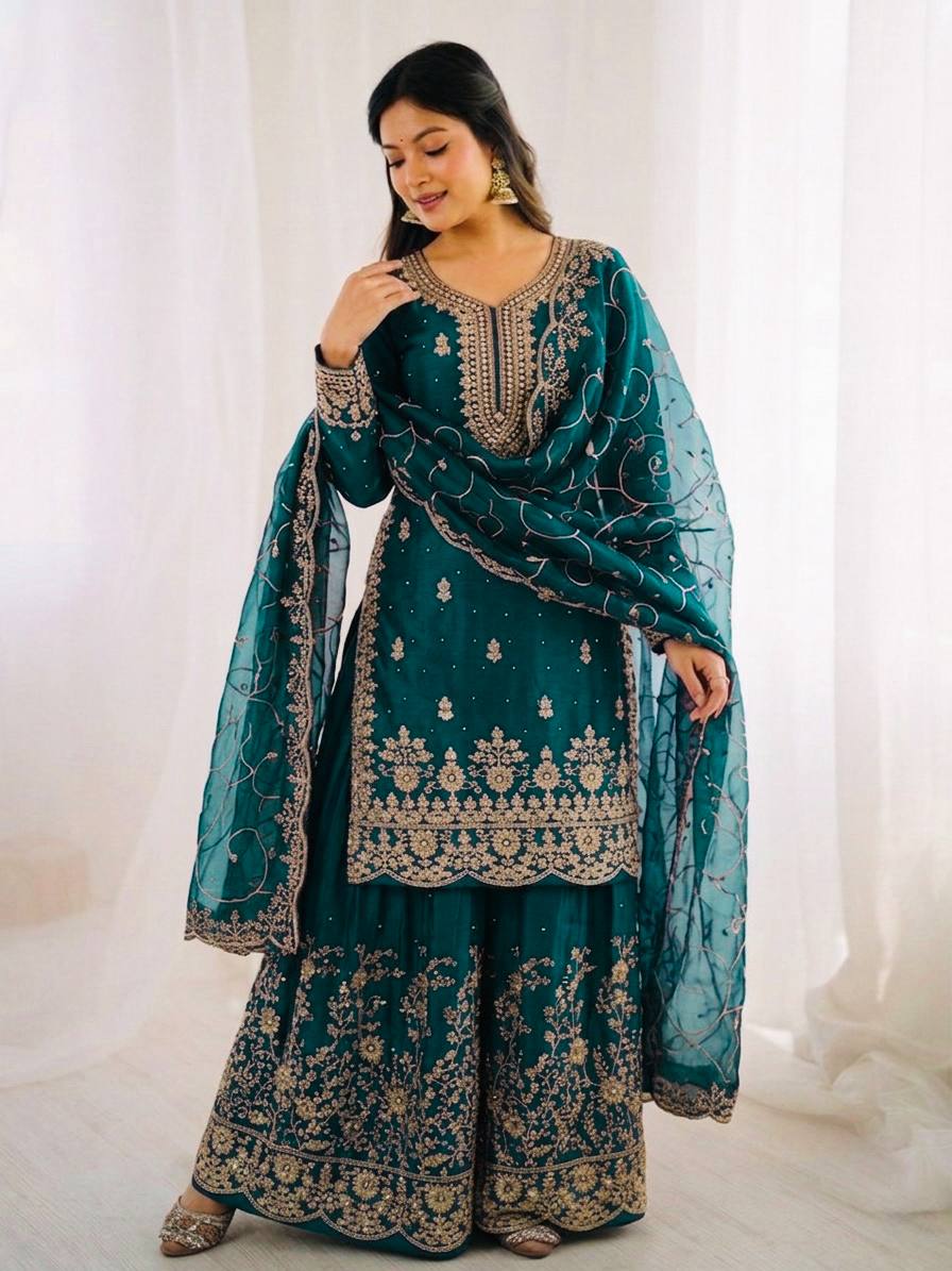 Arti Chauhan Wear Teal Green Color Embroidery Sequence Work Palazzo Suit