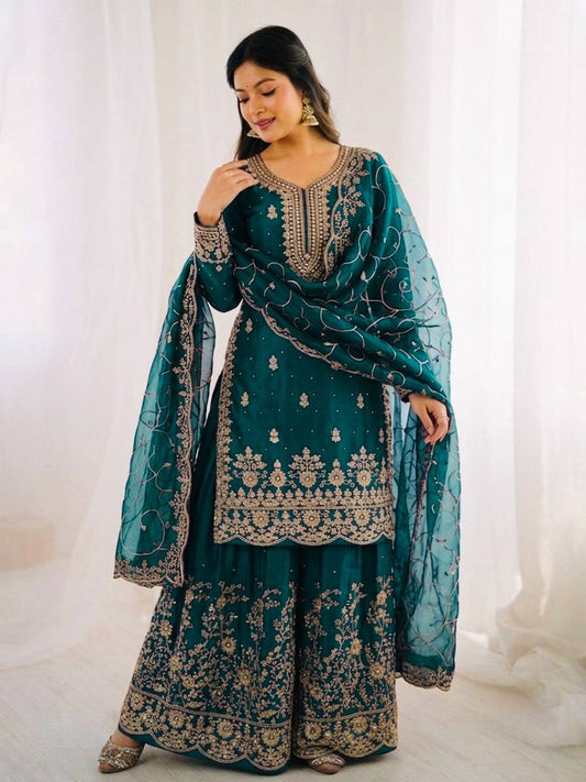 Arti Chauhan Wear Teal Green Color Embroidery Sequence Work Palazzo Suit