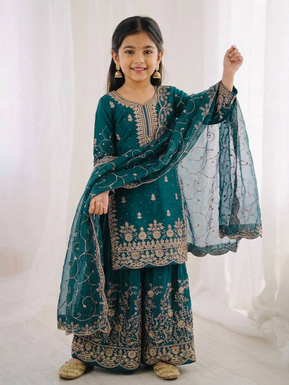 Wedding Wear Silk Embroidery Sequence Work Kids Palazzo Suit