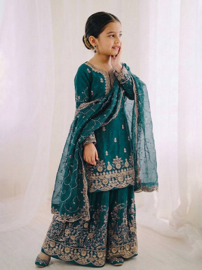 Wedding Wear Silk Embroidery Sequence Work Kids Palazzo Suit