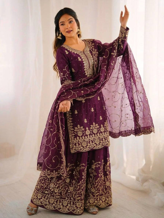 Arti Chauhan Wear Wine Color Embroidery Sequence Work Palazzo Suit