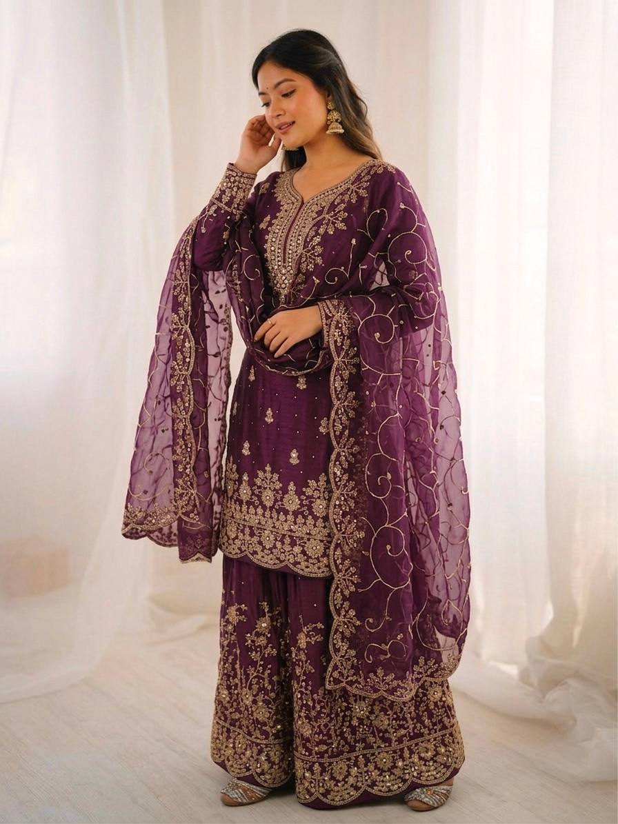 Arti Chauhan Wear Wine Color Embroidery Sequence Work Palazzo Suit