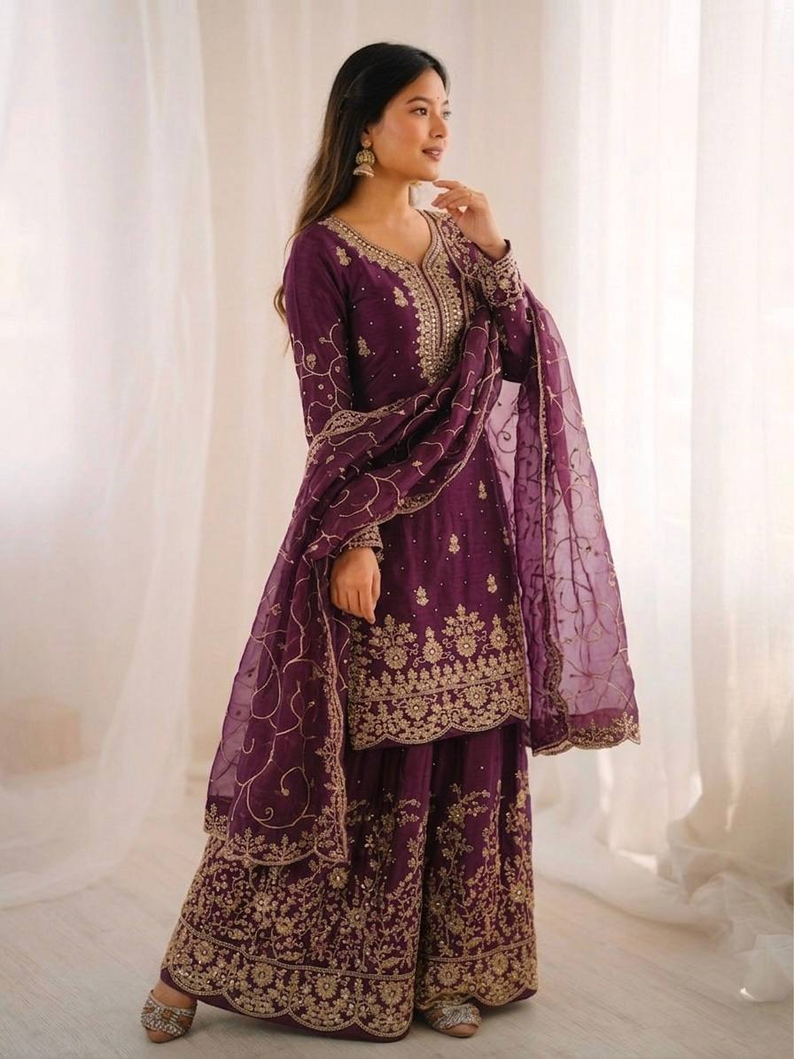 Arti Chauhan Wear Wine Color Embroidery Sequence Work Palazzo Suit