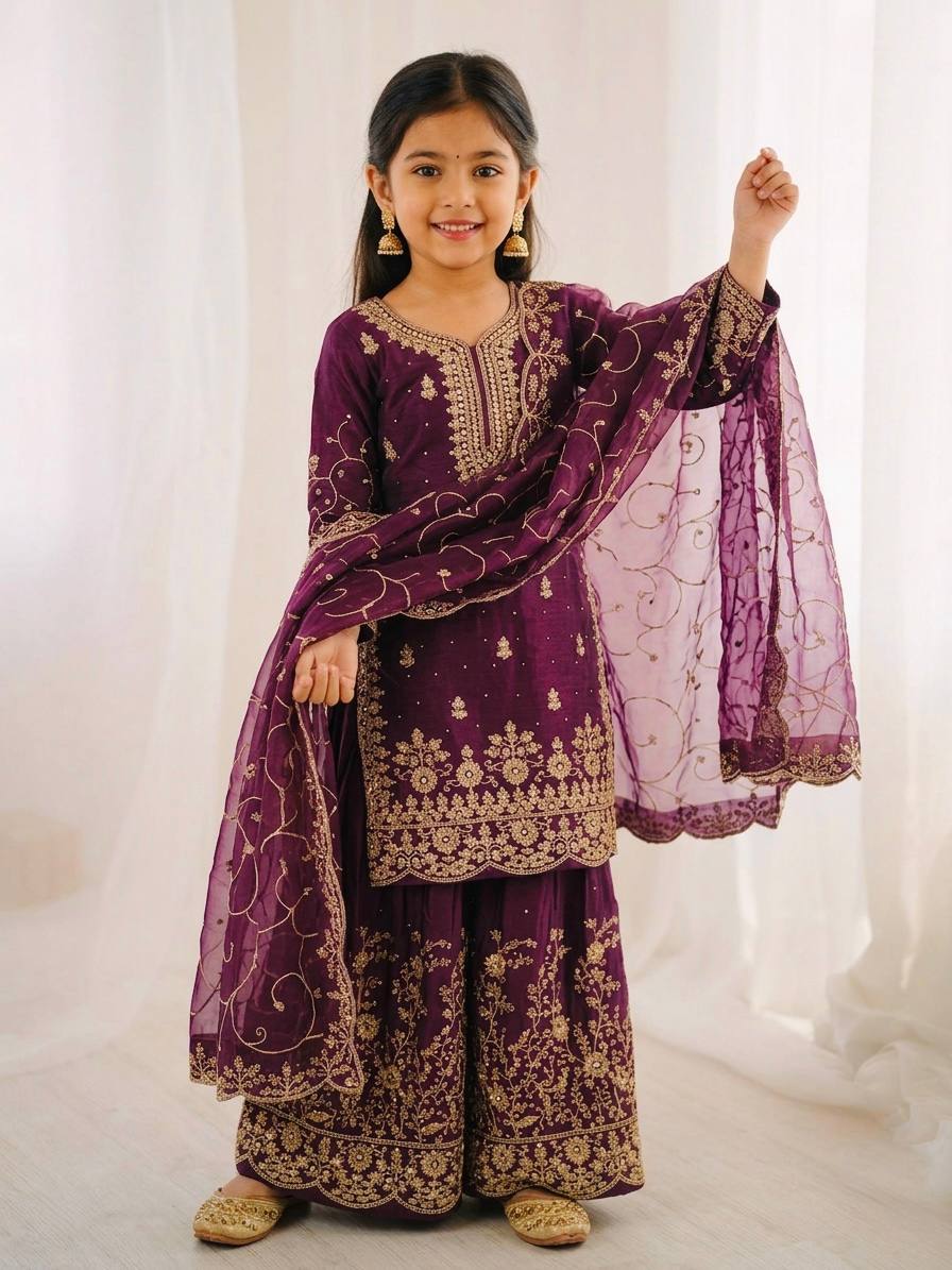 Wedding Wear Silk Embroidery Sequence Work Kids Palazzo Suit