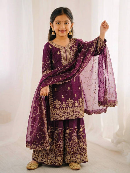 Wedding Wear Silk Embroidery Sequence Work Kids Palazzo Suit