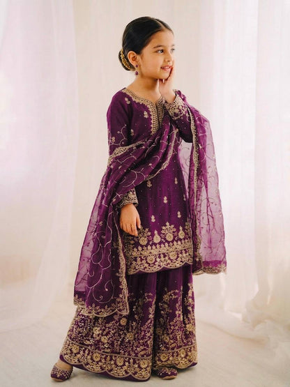Wedding Wear Silk Embroidery Sequence Work Kids Palazzo Suit