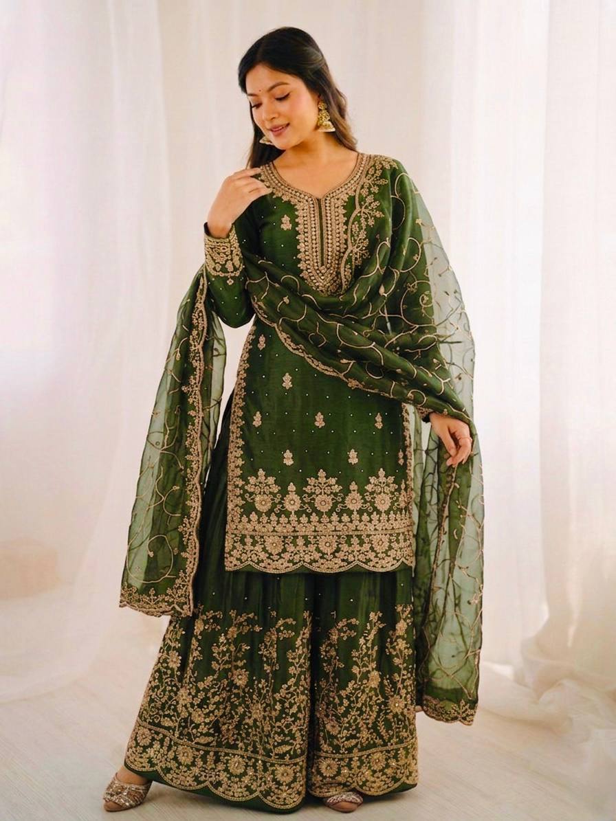 Arti Chauhan Wear Green Color Embroidery Sequence Work Palazzo Suit