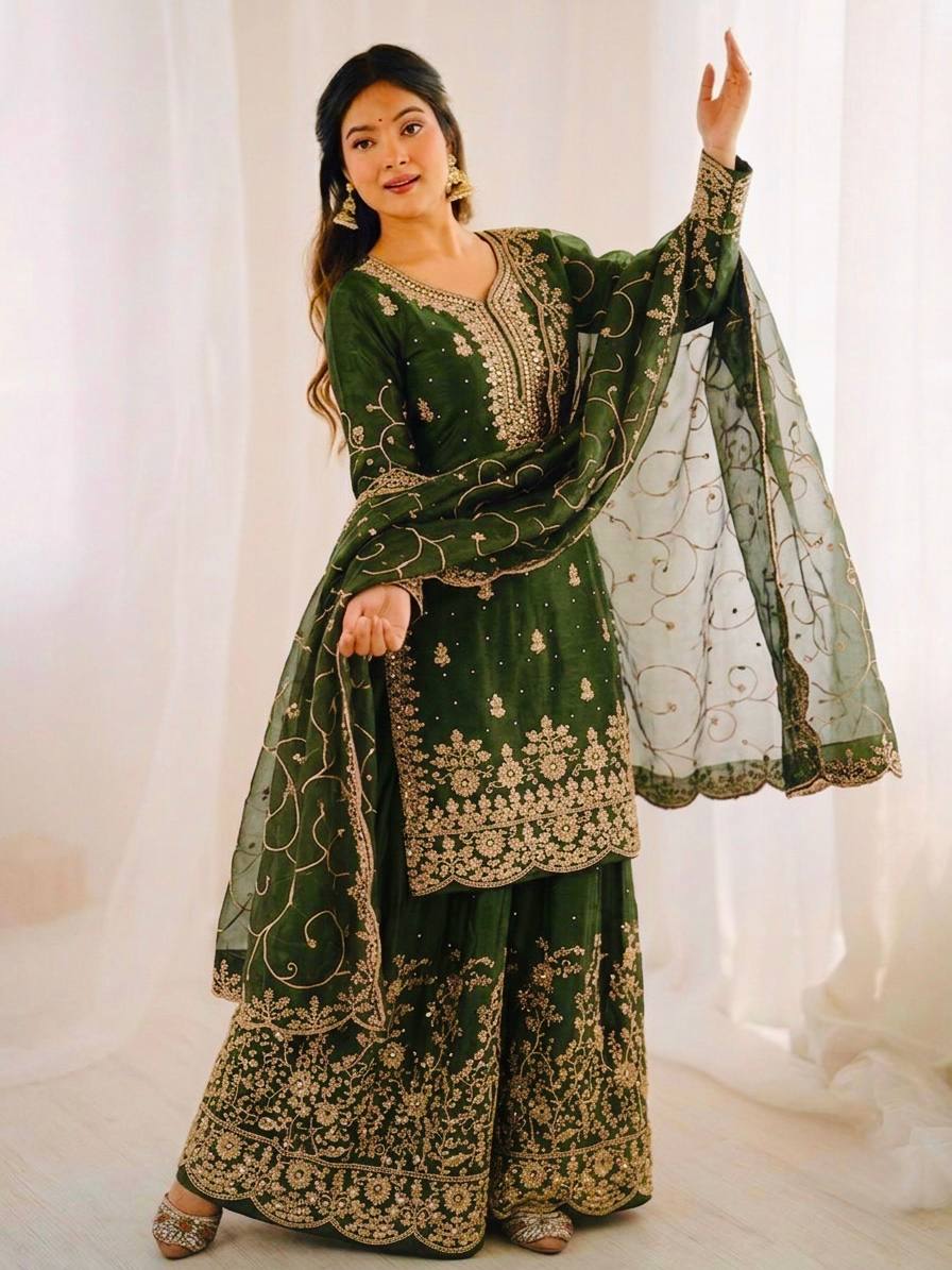 Arti Chauhan Wear Green Color Embroidery Sequence Work Palazzo Suit