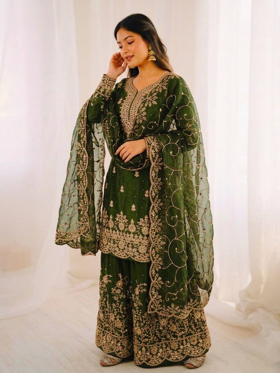 Arti Chauhan Wear Green Color Embroidery Sequence Work Palazzo Suit