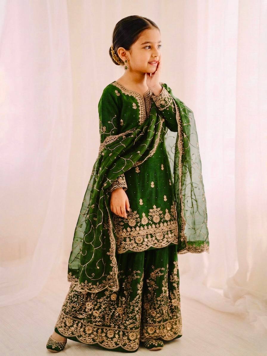 Wedding Wear Silk Embroidery Sequence Work Kids Palazzo Suit