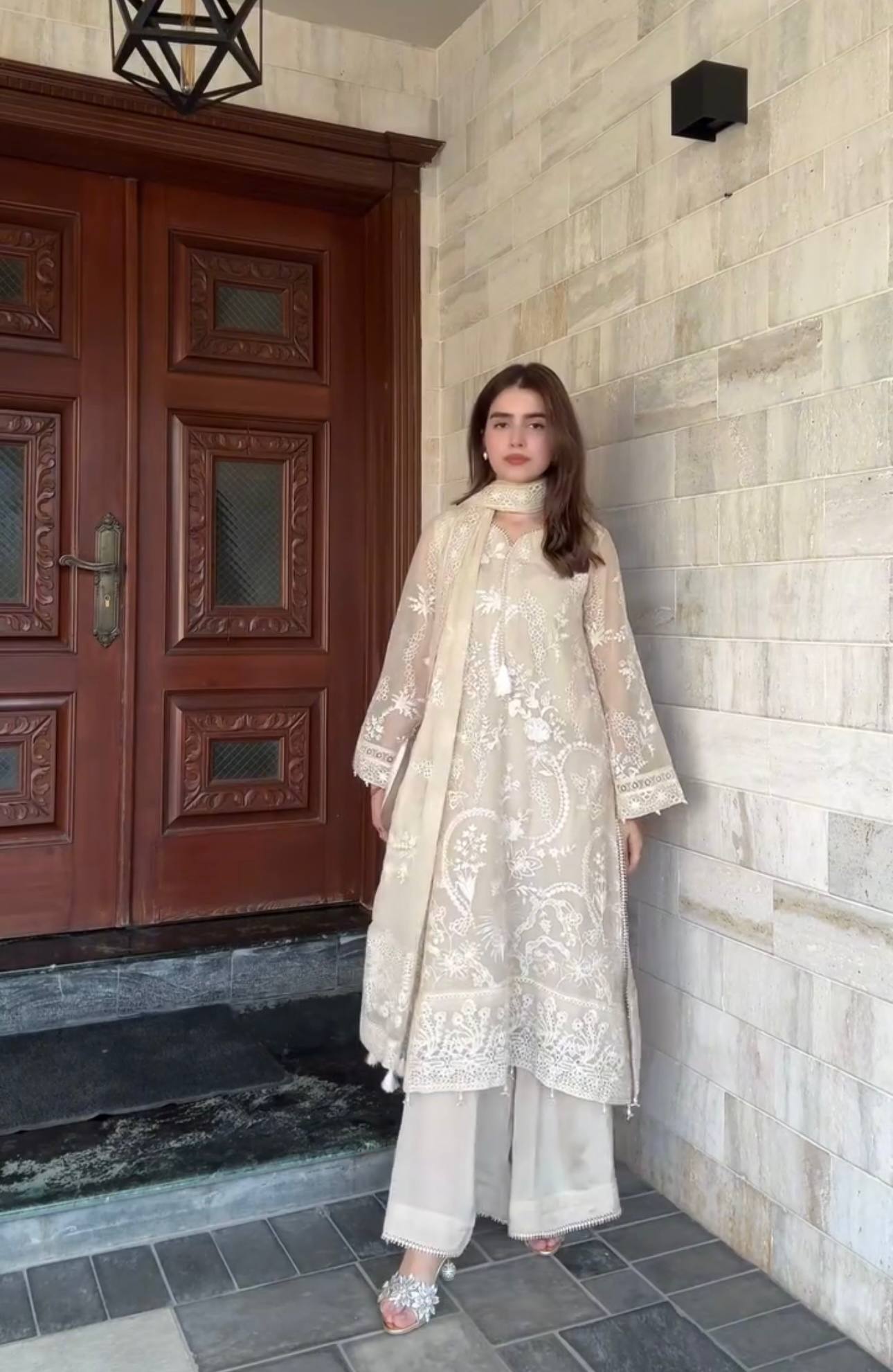 Wedding Functions Off White Embroidered Palazzo Suit Set