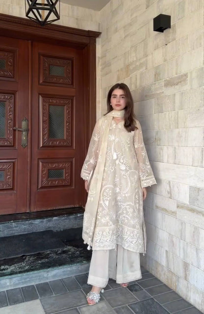 Wedding Functions Off White Embroidered Palazzo Suit Set