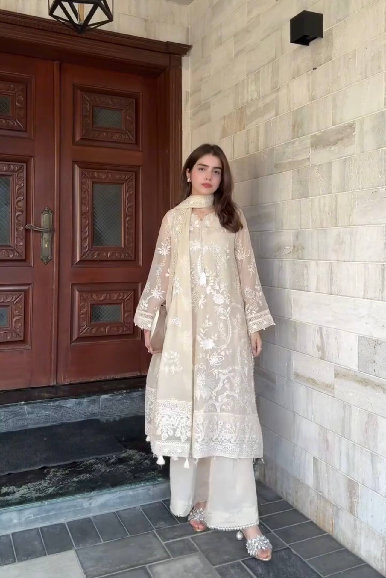 Wedding Functions Off White Embroidered Palazzo Suit Set