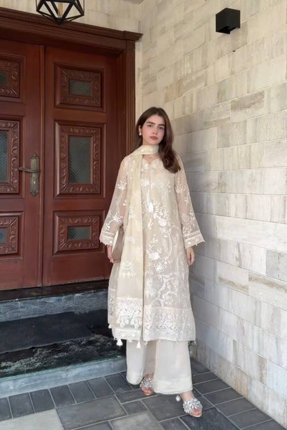Wedding Functions Off White Embroidered Palazzo Suit Set