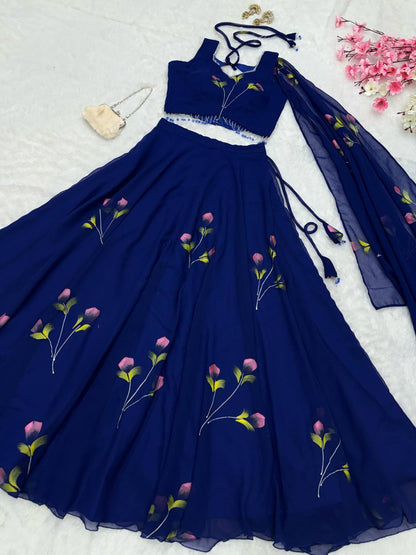 Party Wear Blue Color Georgette With Hand Painted Designer Lehenga Choli