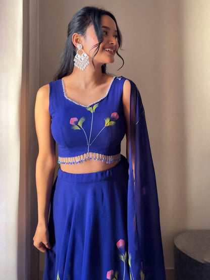 Party Wear Blue Color Georgette With Hand Painted Designer Lehenga Choli