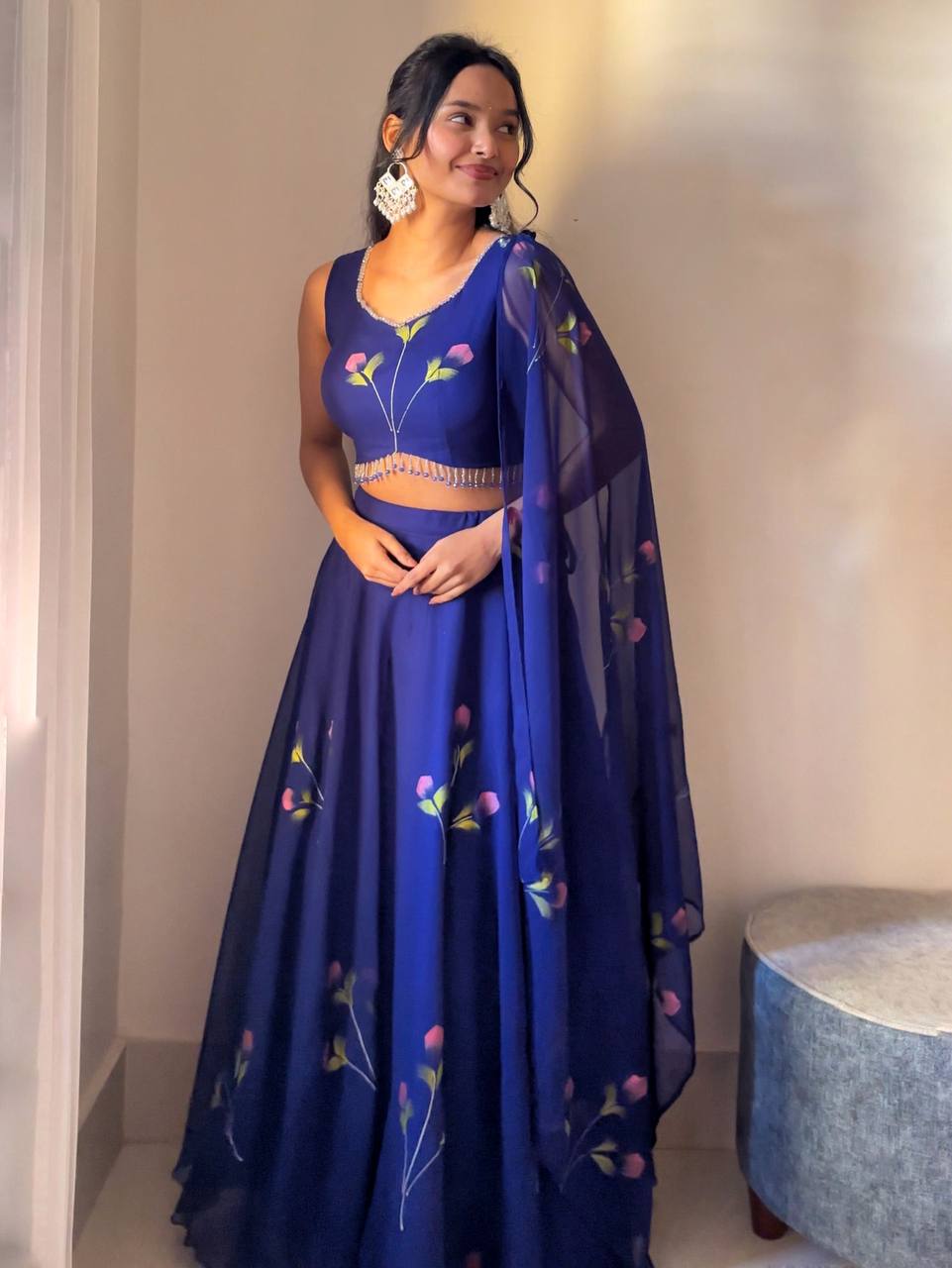 Party Wear Blue Color Georgette With Hand Painted Designer Lehenga Choli