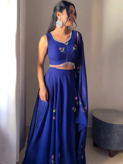 Party Wear Blue Color Georgette With Hand Painted Designer Lehenga Choli