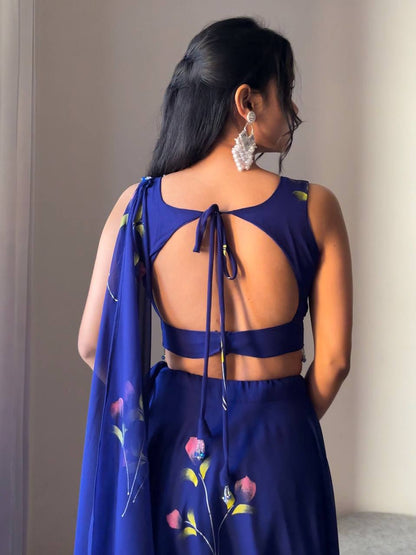 Party Wear Blue Color Georgette With Hand Painted Designer Lehenga Choli
