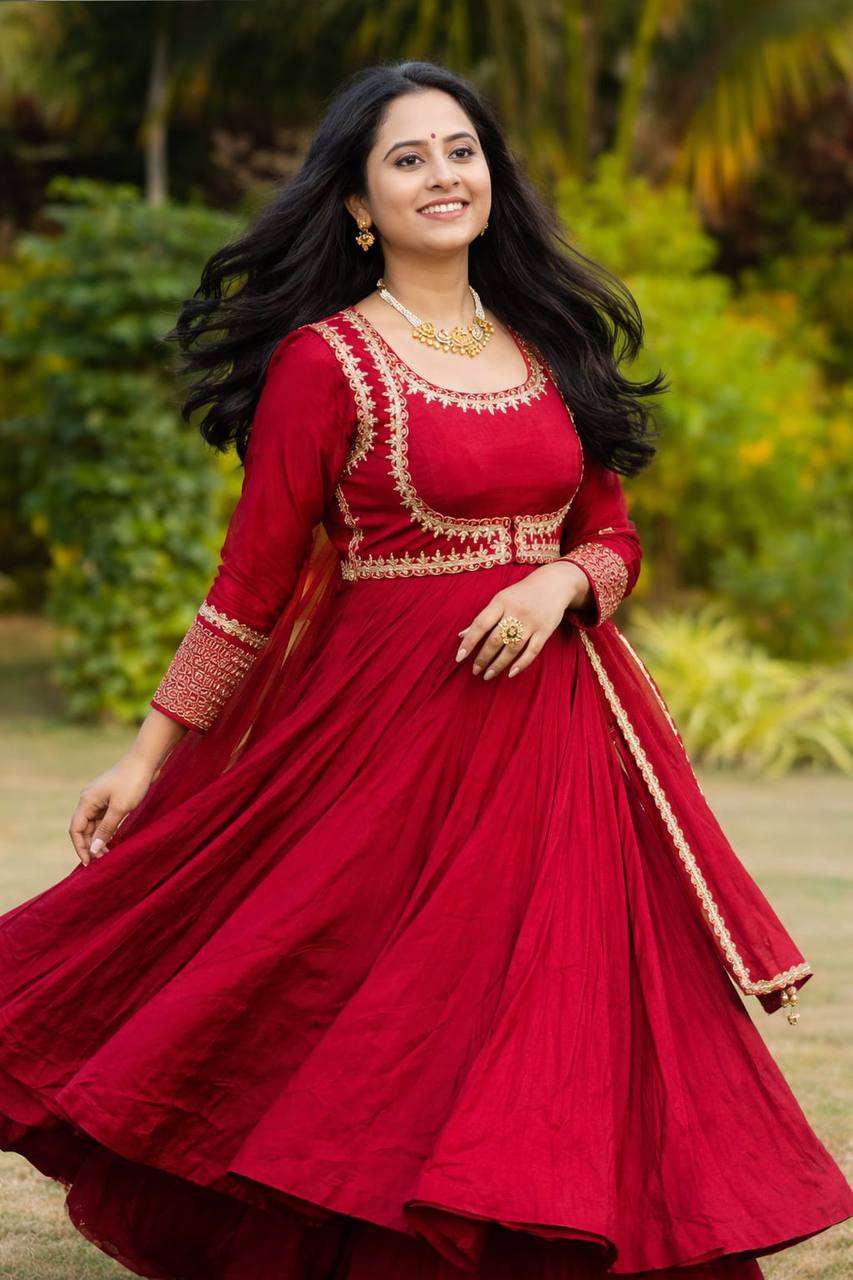 Trendy Red Color Embroidery Work Cotton Anarkali Suit