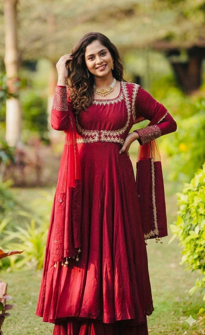 Trendy Red Color Embroidery Work Cotton Anarkali Suit