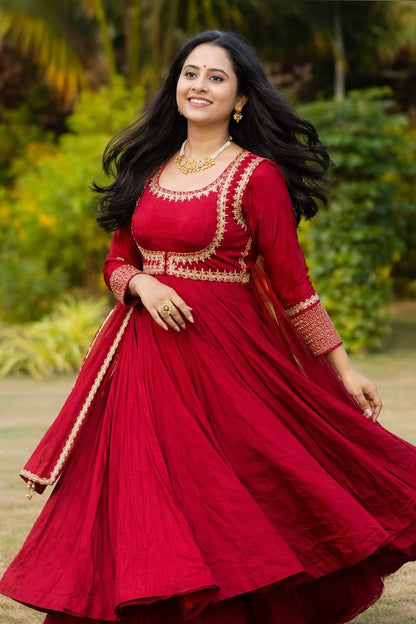 Trendy Red Color Embroidery Work Cotton Anarkali Suit