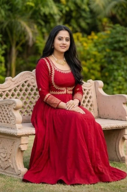 Trendy Red Color Embroidery Work Cotton Anarkali Suit