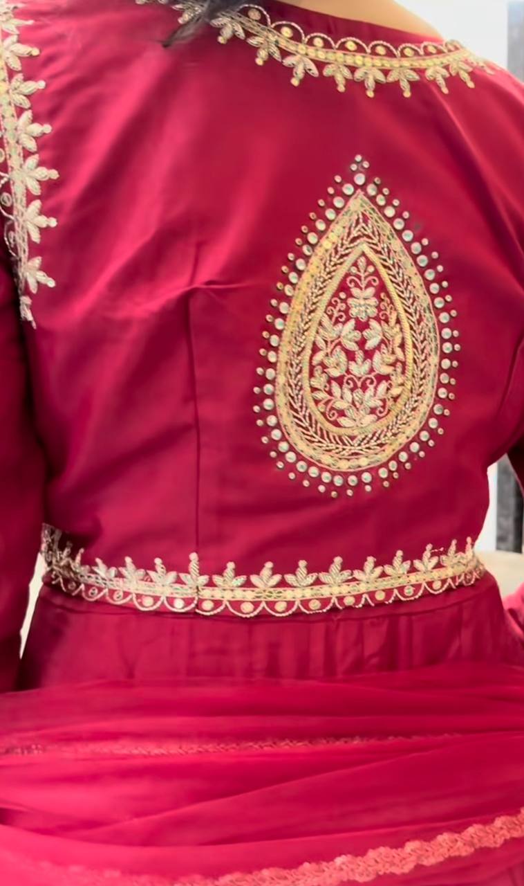 Trendy Red Color Embroidery Work Cotton Anarkali Suit