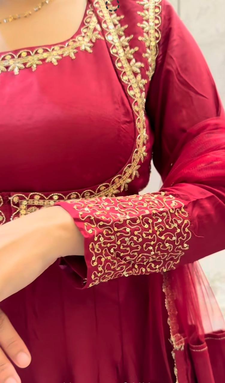 Trendy Red Color Embroidery Work Cotton Anarkali Suit