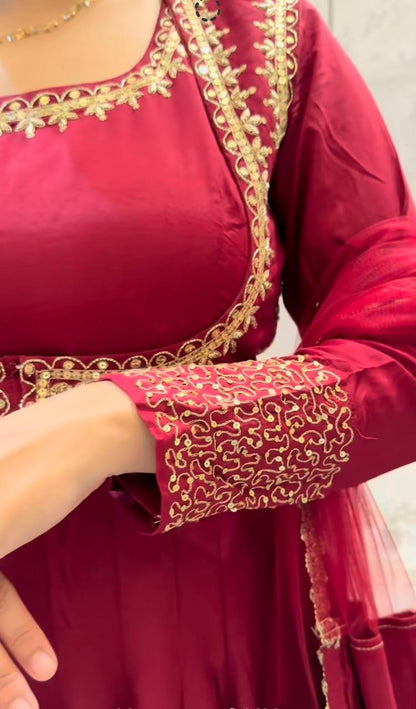 Trendy Red Color Embroidery Work Cotton Anarkali Suit