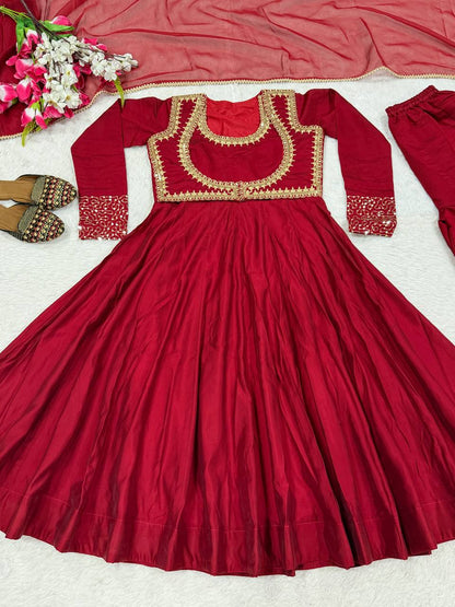 Trendy Red Color Embroidery Work Cotton Anarkali Suit