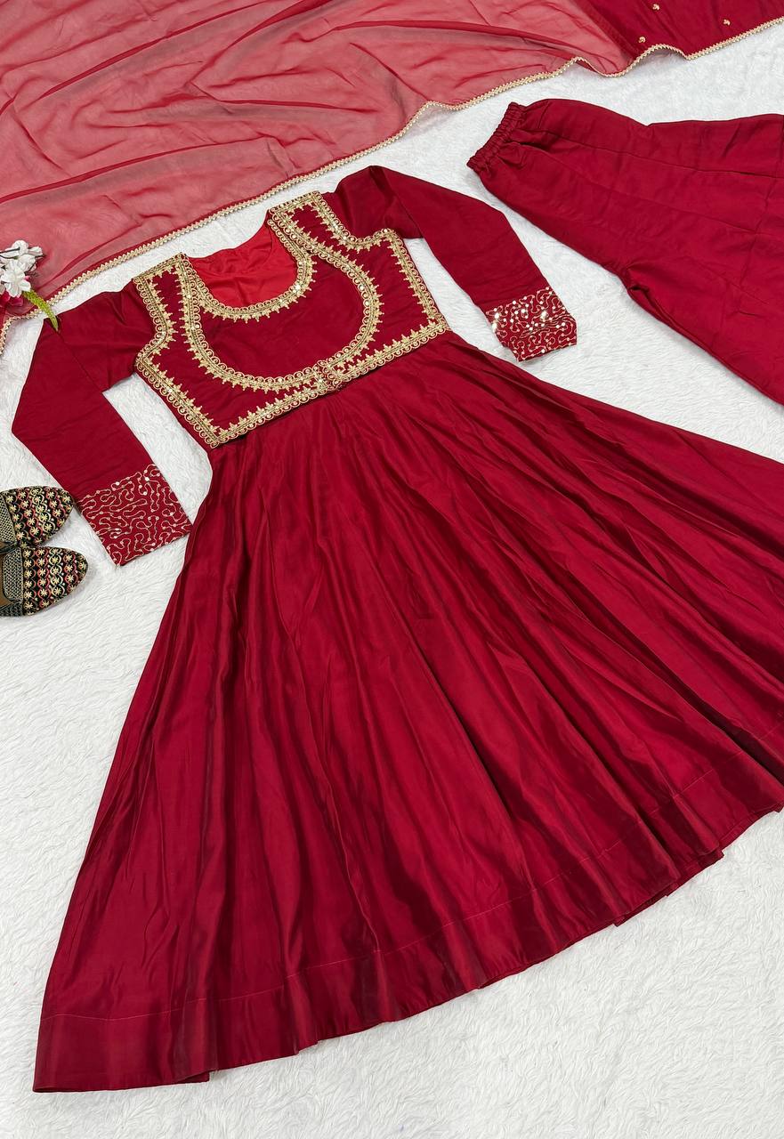 Trendy Red Color Embroidery Work Cotton Anarkali Suit