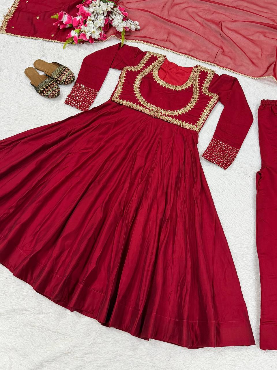 Trendy Red Color Embroidery Work Cotton Anarkali Suit