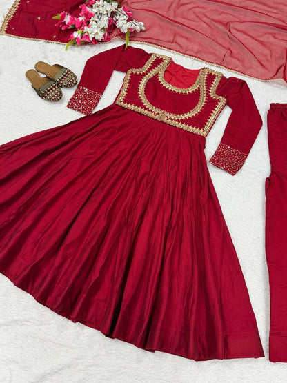 Trendy Red Color Embroidery Work Cotton Anarkali Suit