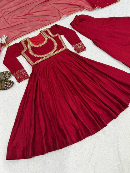 Trendy Red Color Embroidery Work Cotton Anarkali Suit