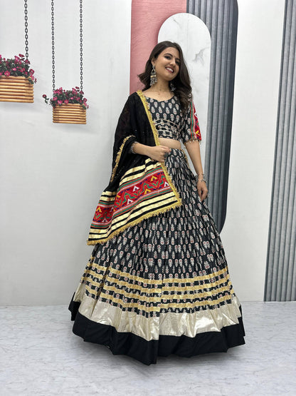 Navratri Wear Black Color Riyon Cotton With  Gamathi Embroidery Work Tradtional Wear Lehenga Choli