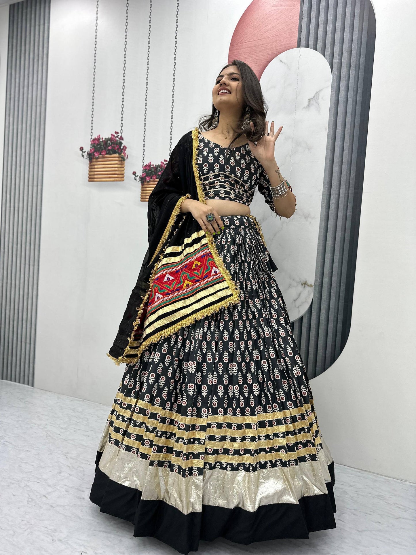Navratri Wear Black Color Riyon Cotton With  Gamathi Embroidery Work Tradtional Wear Lehenga Choli