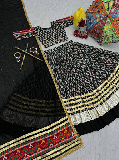 Navratri Wear Black Color Riyon Cotton With  Gamathi Embroidery Work Tradtional Wear Lehenga Choli