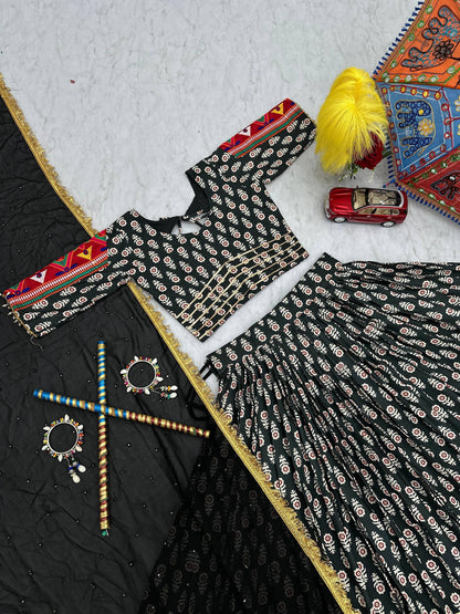 Navratri Wear Black Color Riyon Cotton With  Gamathi Embroidery Work Tradtional Wear Lehenga Choli