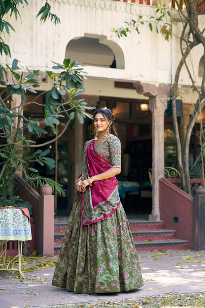 Traditional Wear Green Color Tasar Silk South Style Lehenga Choli