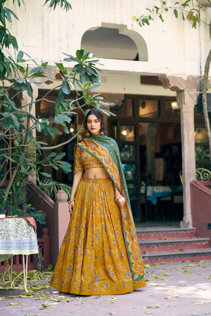 Designer Yellow Color Tasar Silk Foil Print Lehenga Choli