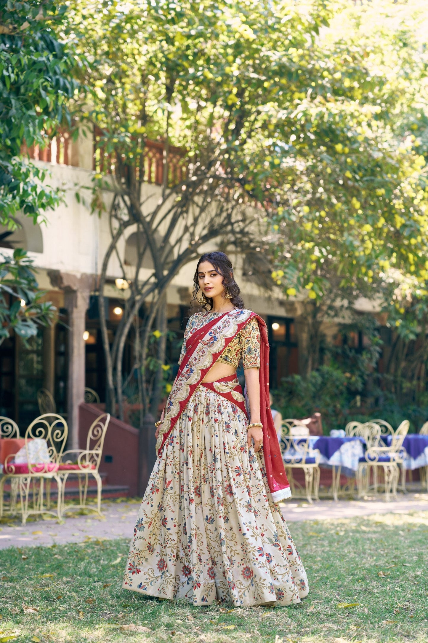 Captivating White Color Tasar Silk Foil Print Lehenga Choli