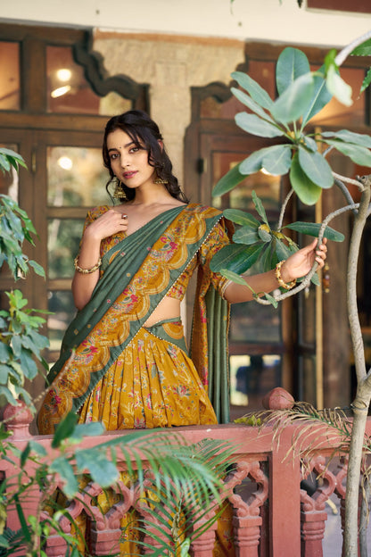 Designer Yellow Color Tasar Silk Foil Print Lehenga Choli